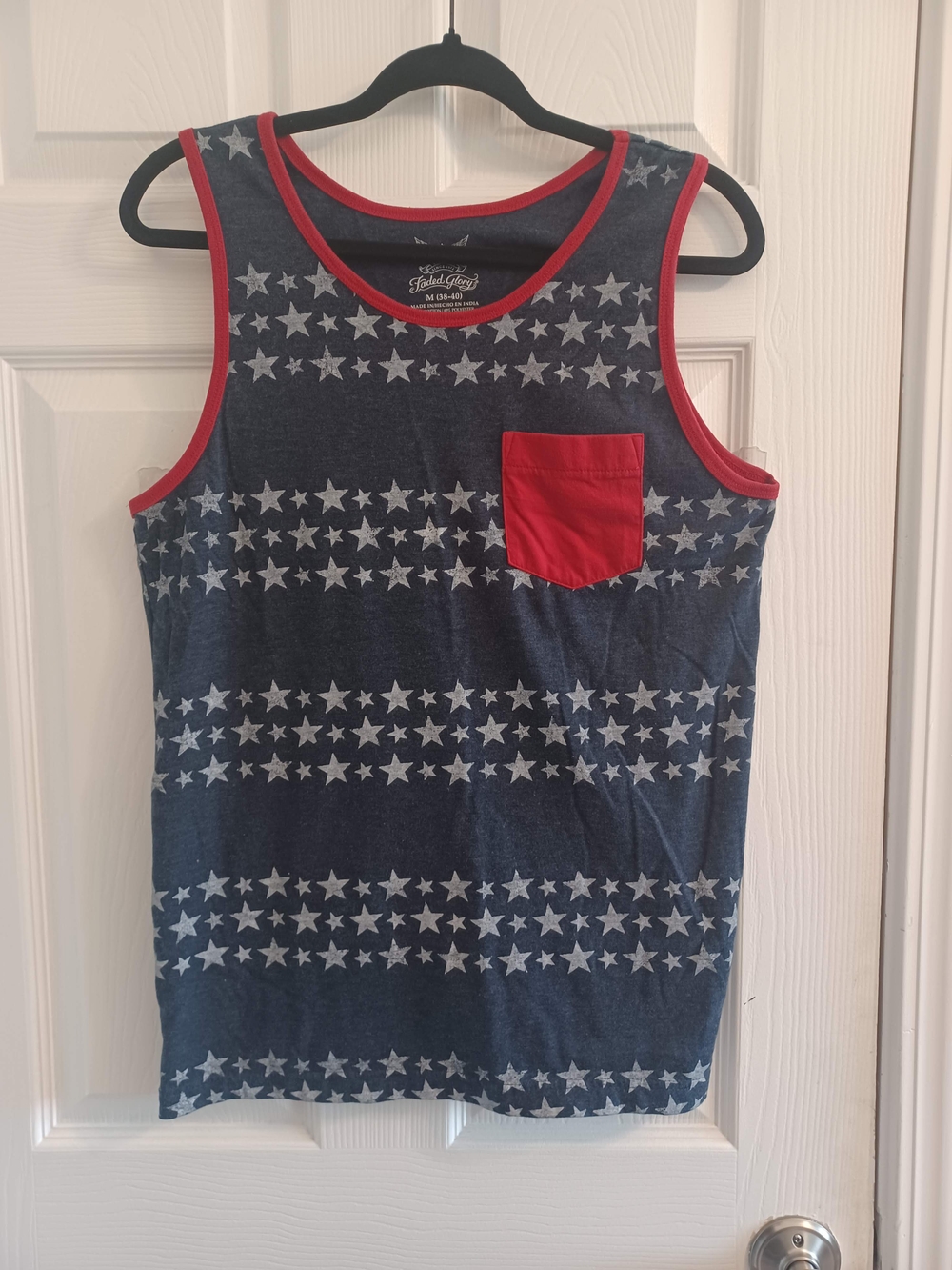 Faded Glory Navy Star-Print Tank with Red Pocket Medium Patriotic Retro Feel